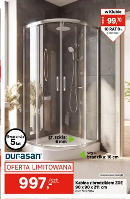 Kabina z brodzikiem Zoe 90x90x211 cm Durasan promocja w Leroy Merlin