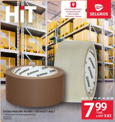 Taśma pakowa 48 mm x 120 m HOT-MELT brązowa lub transparentna promocja w Selgros