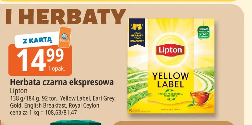 Herbata czarna ekspresowa Lipton Yellow Label promocja w Leclerc
