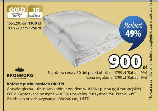 Kołdra z puchu gęsiego Okken 135x200 cm Kronborg promocja w Jysk