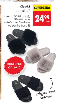 Klapki damskie wykończone tkaniną bouclé Clevé promocja w Biedronka