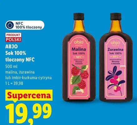Sok tłoczony NFC żurawina Abjo 100% promocja w Lidl