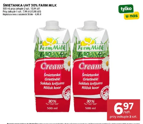 Śmietanka UHT 30% Farm Milk promocja w Stokrotka
