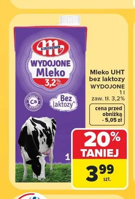 Mleko UHT bez laktozy Wydojone 3,2% promocja w Carrefour