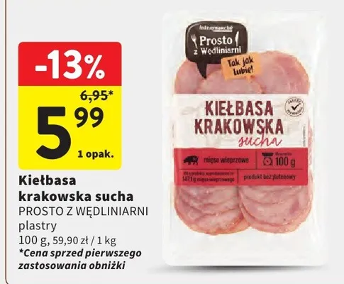 Kiełbasa krakowska sucha Prosto z Wędliniarni plastry promocja w Intermarche