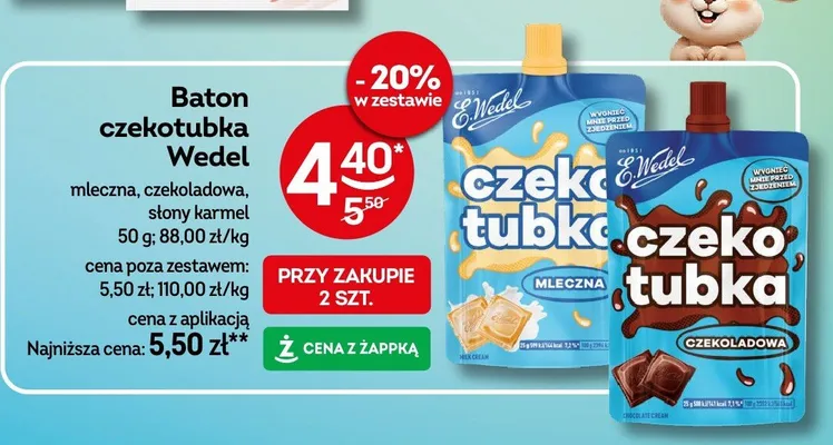 Baton czekotubka mleczna, czekoladowa, słony karmel promocja w Żabka