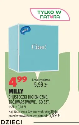 Chusteczki higieniczne trójwarstwowe Milly promocja w Drogerie Natura