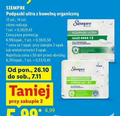 Podpaski ultra z bawełną organiczną Normal Siempre promocja w Lidl