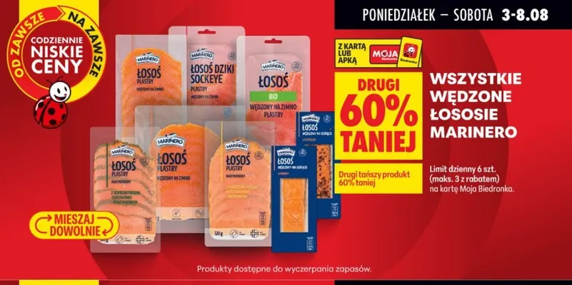 Łosoś wędzony na zimno plastry z pieprzem i sosem musztardowo-miodowym Marinero promocja w Biedronka