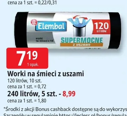 Worki na śmieci z uszami supermocne Elembal 120 l 10-pak promocja w Leclerc
