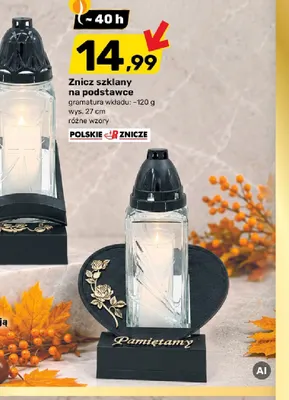 Znicz szklany na podstawce Polskie Znicze promocja w Bricomarche