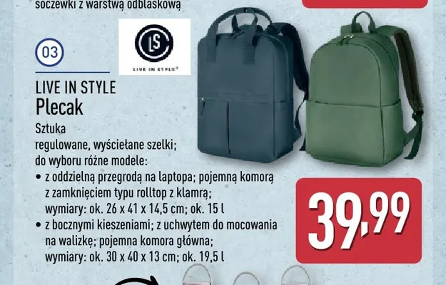 Plecak 19,5 l Live In Style promocja w Aldi