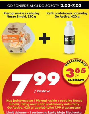 Zestaw: Pierogi ruskie z cebulką Nasze Smaki + kefir proteinowy naturalny Go Active promocja w Biedronka