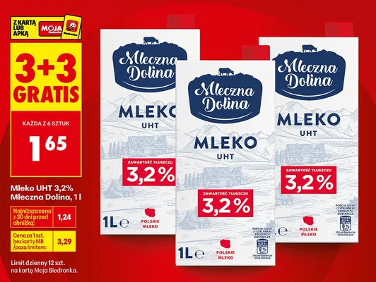 Mleko UHT 3,2% Mleczna Dolina promocja w Biedronka