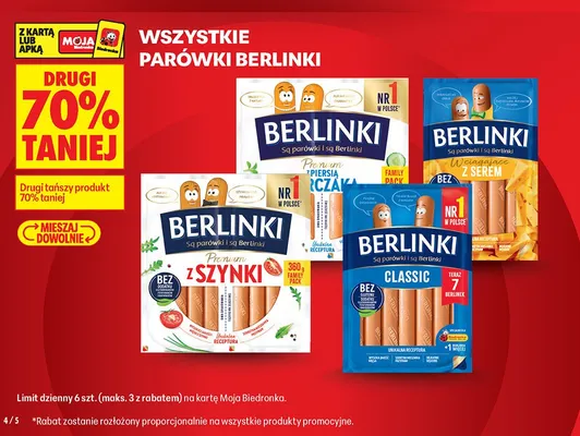 Parówki Berlinki Premium z piersią kurczaka Family Pack promocja w Biedronka