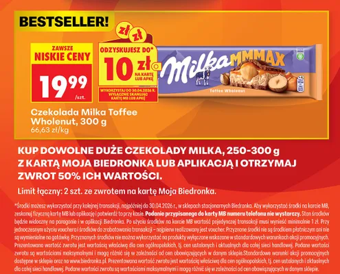 Czekolada Milka Toffee Wholenut 300 g promocja w Biedronka