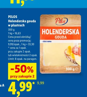 Holenderska gouda w plastrach Pilos promocja w Lidl