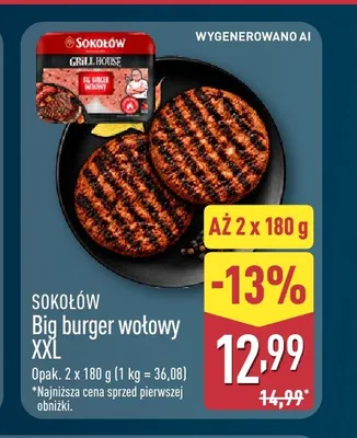 Big burger wołowy XXL Sokołów 2-pak promocja w Aldi