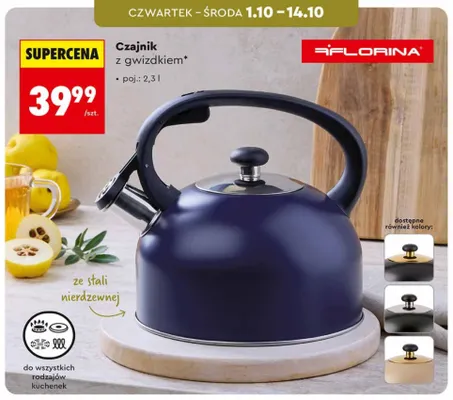 Czajnik z gwizdkiem 2,3 l ze stali nierdzewnej Florina promocja w Biedronka
