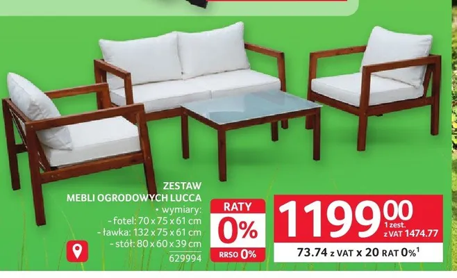 Zestaw mebli ogrodowych Lucca fotel 70x75x61cm ławka 132x75x61cm stół 80x60x39cm promocja w Selgros