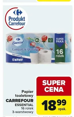 Papier toaletowy Carrefour Essential 3-warstwowy 16-pak promocja w Carrefour Market