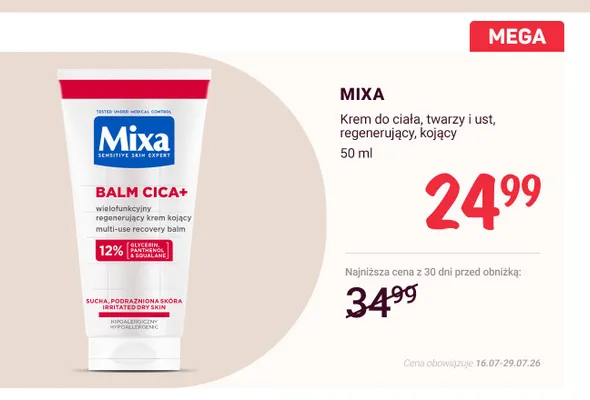 Krem do ciała twarzy i ust regenerujący kojący Mixa Balm Cica+ promocja w Rossmann