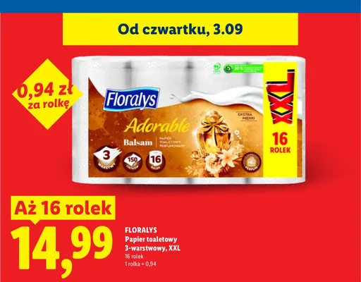 Papier toaletowy 3-warstwowy XXL Floralys 16-pak promocja w Lidl