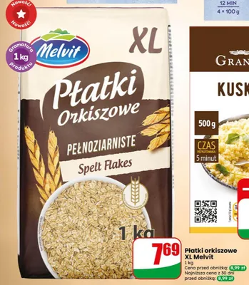 Płatki orkiszowe XL pełnoziarniste Melvit promocja w Dino