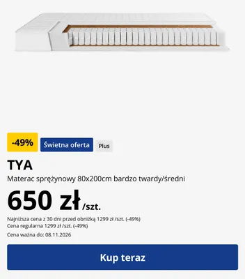 Materac sprężynowy 80x200 cm bardzo twardy/średni TYA promocja w Jysk