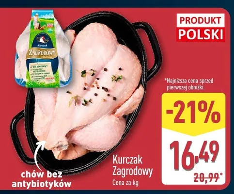 Kurczak zagrodowy chów bez antybiotyków cena za kg promocja w Aldi