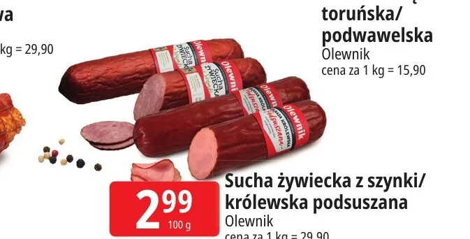 Kiełbasa sucha żywiecka z szynki Olewnik promocja w Leclerc