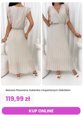 Sukienka plisowana beżowa z kopertowym dekoltem ModnaKiecka.pl promocja w Modna Kiecka