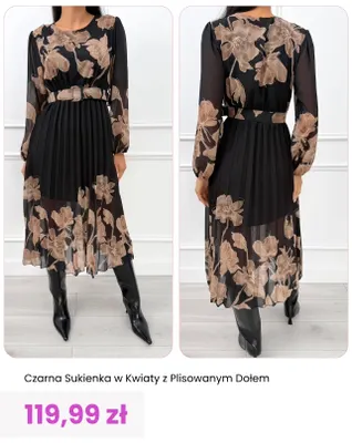 Czarna sukienka w kwiaty z plisowanym dołem promocja w Modna Kiecka