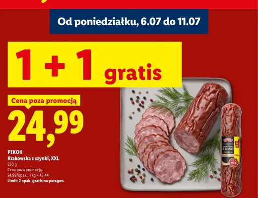 Kiełbasa krakowska z szynki Pikok XXL promocja w Lidl