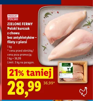 Polski kurczak z chowu bez antybiotyków - filety z piersi Zielone Fermy promocja w Lidl