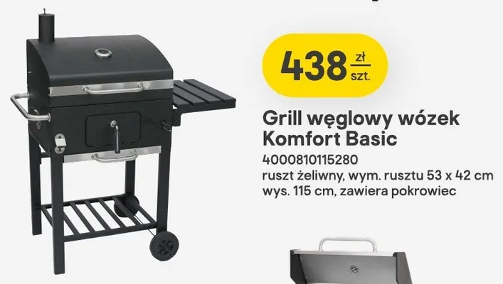 Grill węglowy wózek Komfort Basic ruszt żeliwny wym. rusztu 53x42cm wys. 115cm zawiera pokrowiec promocja w Castorama