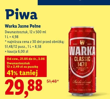 Piwo Warka Jasne Pełne 12-pak 500ml promocja w Lidl