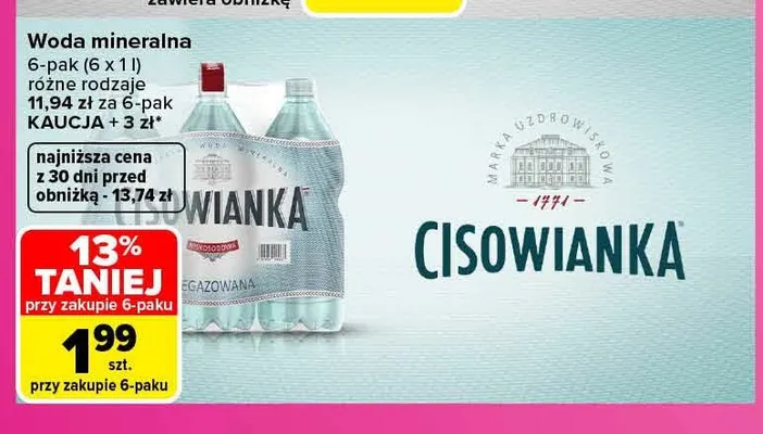 Woda mineralna 6-pak Cisowianka promocja w Carrefour