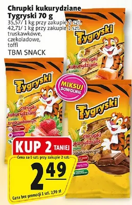 Chrupki kukurydziane Tygryski truskawkowe, czekoladowe, toffi promocja w Prim Market