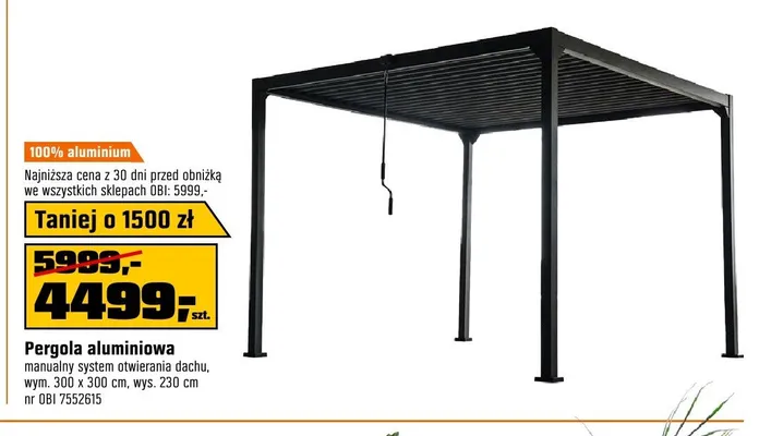 Pergola aluminiowa manualny system otwierania dachu 300x300cm wys. 230cm promocja w OBI