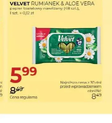 Papier toaletowy nawilżany Velvet Rumianek & Aloe Vera promocja w Drogerie Jawa