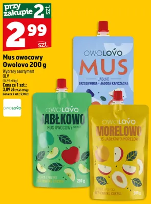 Mus owocowy Owolovo jabłko brzoskwinia jagoda kamczacka promocja w TOPAZ