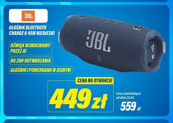 Głośnik Bluetooth JBL Charge 6 45W Niebieski promocja w RTV EURO AGD