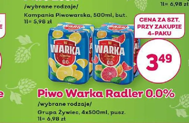 Piwo bezalkoholowe Warka Radler 4-pak promocja w Bliski