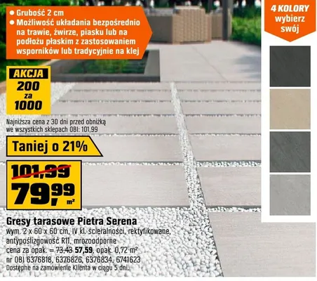 Gresy tarasowe Pietra Serena wym. 29,8x60,8cm, kl. V promocja w OBI
