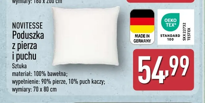 Poduszka z pierza i puchu 70x80 cm Novitesse promocja w Aldi