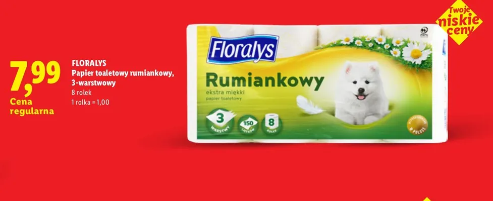 Papier toaletowy rumiankowy 3-warstwowy Floralys 8-pak promocja w Lidl