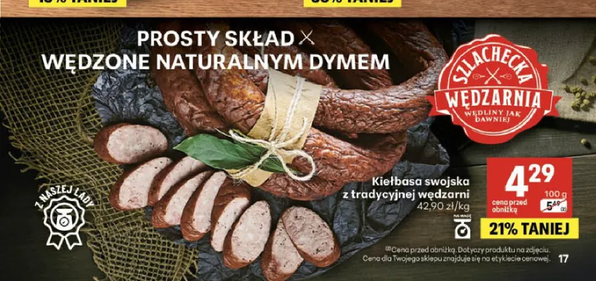 Kiełbasa swojska z tradycyjnej wędzarni Szlachecka Wędzarnia promocja w Delikatesy Centrum