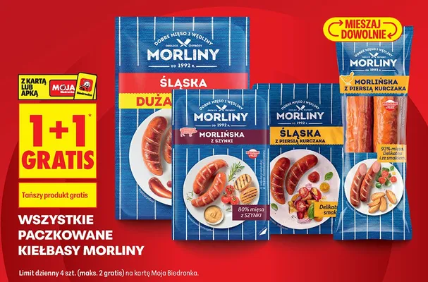 Wszystkie paczkowane kiełbasy 1+1 GRATIS promocja w Biedronka