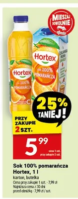 Sok 100% pomarańcza Hortex 1 l promocja w Twój Market